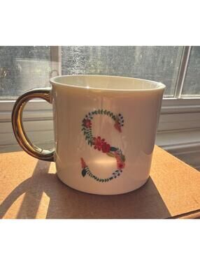 Opal House "S” Initial Mug/Cup Floral Letter with Gold Handle ~ White Porcelain